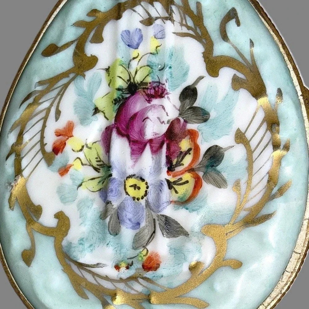Antique Sevres Style Porcelain Mandolin Trinket Box Hand Paint Hinged Snuff Pill
